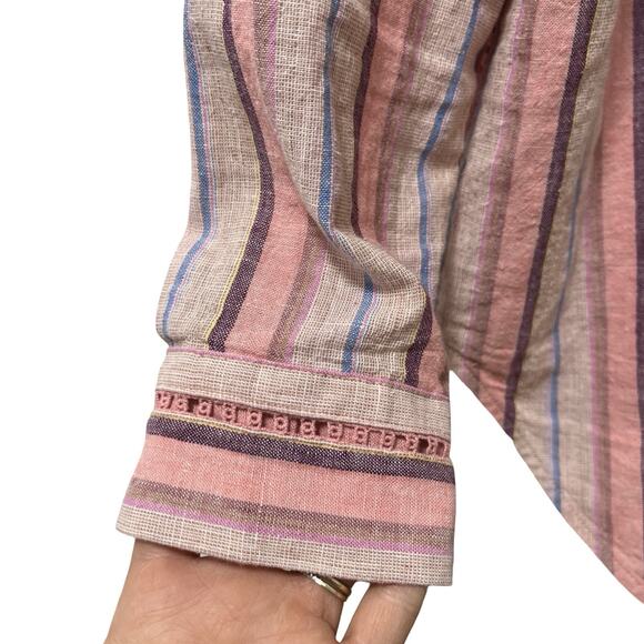 Anthropologie Maeve Womens Stripe Lida Linen Blend Popover Top Size L Pink Boho - Picture 2 of 9